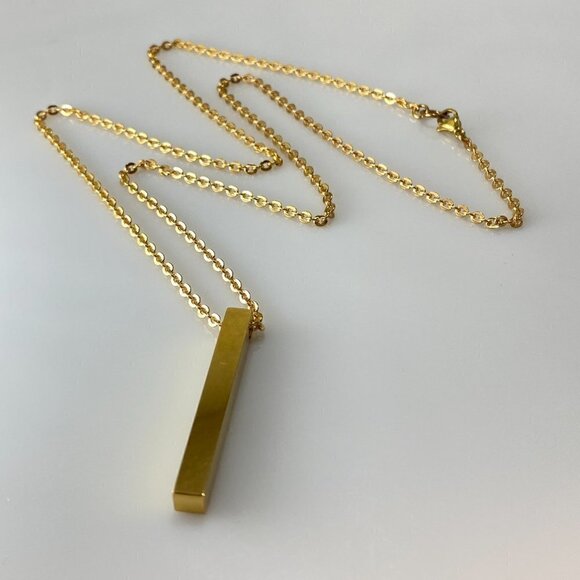 Gold Plated Steel Cuboid Bar Necklace Stainless Steel - Picture 4 of 7